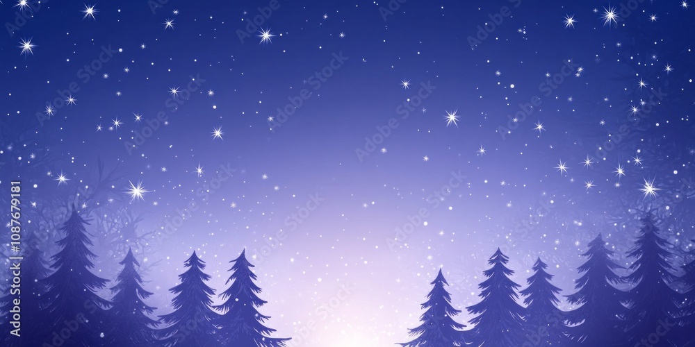 Enchanting winter night with illuminated Christmas tree silhouettes and falling snow on a deep royal blue background Enchanting winter night with illuminated Christmas tree silhouettes and falling snow on a deep royal blue background