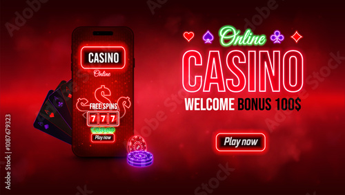 Online casino bonus banner with phone, slot machine, Casino poster concept on red smoky background. Realistic vector illustration.
