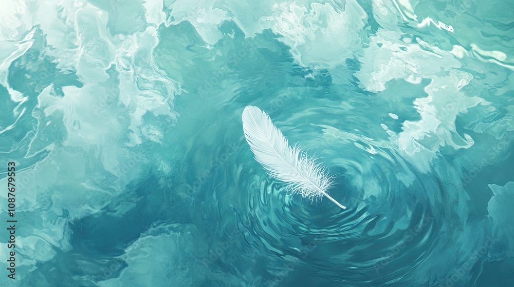 Fototapeta premium A delicate white feather floating gently on calm turquoise water, surrounded by soft ripples and subtle reflections, creating a peaceful ambiance.