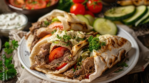 A delightful plate of Lebanese shawarma, thinly sliced marinated meat wrapped in pita bread with tahini sauce and pickles