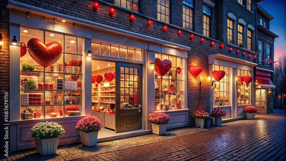 Valentine's Day Celebration at a Modern Convenience Store Featuring Heart-themed Merchandise and Whimsical Architectural Elements for a Festive Atmosphere Valentine's Day Celebration at a Modern Convenience Store Featuring Heart-themed Merchandise and Whimsical Architectural Elements for a Festive Atmosphere