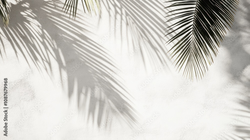 Fototapeta premium Palm tree shadow on a white wall, sunlight filtering through leaves, creating a tropical mood