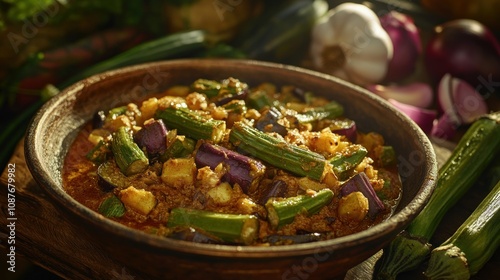 A delicious dish featuring okra, eggplant, and spices in a rustic setting.