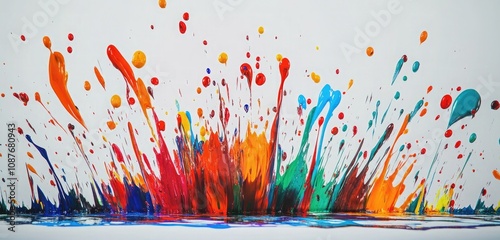 A vivid explosion of colorful paint splashes against a white canvas, representing a sudden creative breakthrough.