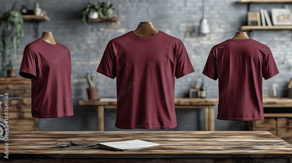 Maroon T-Shirt Mockup Front Side Back Views. Generative AI Maroon T-Shirt Mockup Front Side Back Views. Generative AI