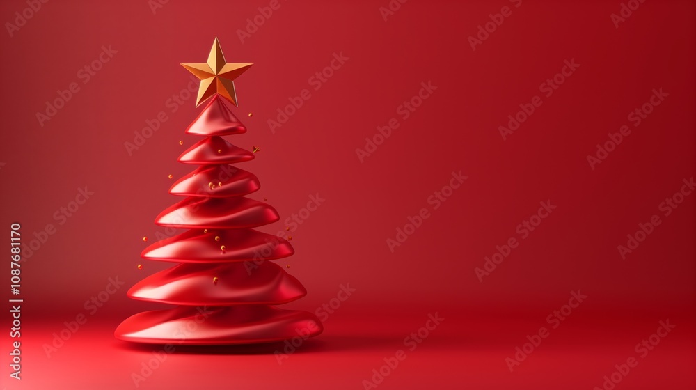 A stylized red Christmas tree with a gold star on top against a red background, emitting small floating orbs. A stylized red Christmas tree with a gold star on top against a red background, emitting small floating orbs.