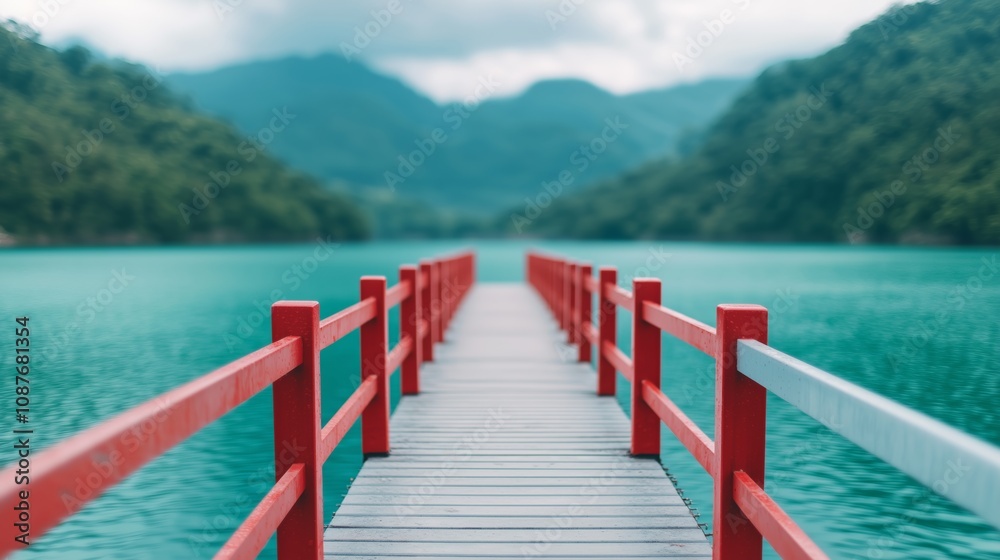 Serene Lake Pier Red Bridge Mountains Tranquil Water Serene Lake Pier Red Bridge Mountains Tranquil Water