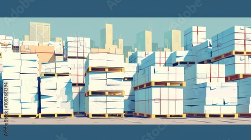 a technical illustration of paper stacks neatly stacked on pallets resembling buildings and skyscrapers, creating an abstract and creative urban scene