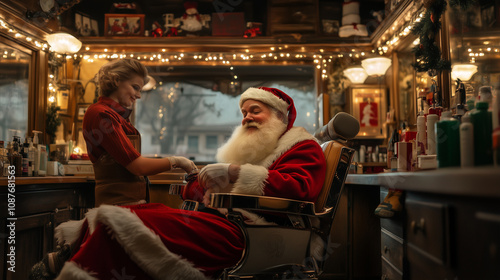 Wallpaper Mural Cozy Holiday Scene with Santa Receiving a Grooming Session in a Vintage Barbershop Decorated with Twinkling Lights – Image Made Using Generative AI Torontodigital.ca