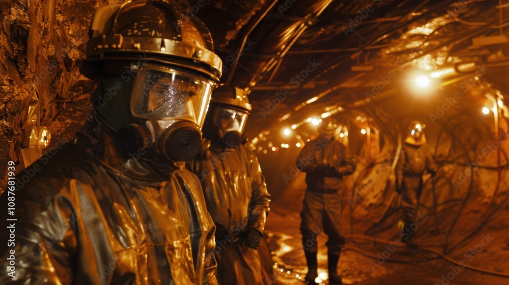 Miners in Protective Gear Performing Hazardous Tasks in an Underground Mine Setting