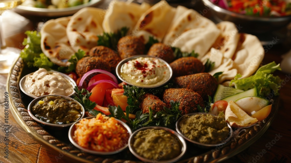 A delightful platter of assorted Middle Eastern mezze, including falafel A delightful platter of assorted Middle Eastern mezze, including falafel