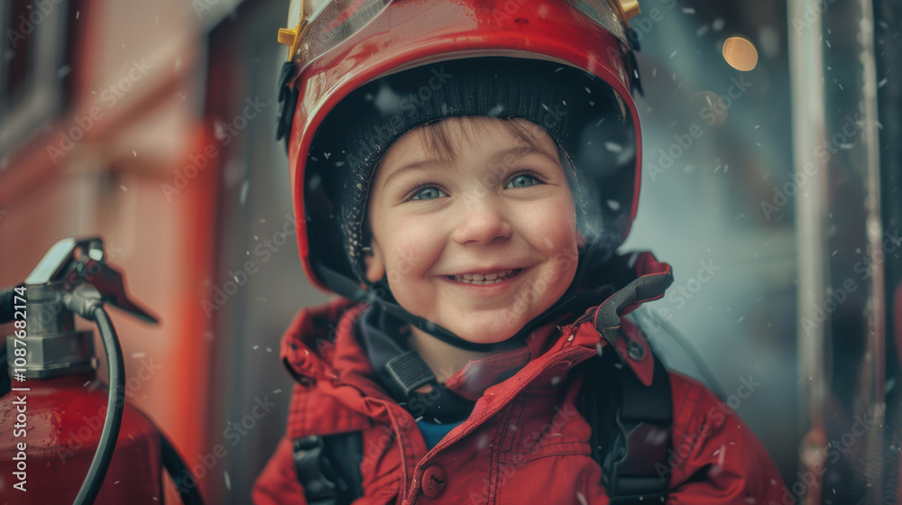 Cheerful Young Firefighter in Red Gear at Fire Station - Child Safety and Career Inspiration Cheerful Young Firefighter in Red Gear at Fire Station - Child Safety and Career Inspiration