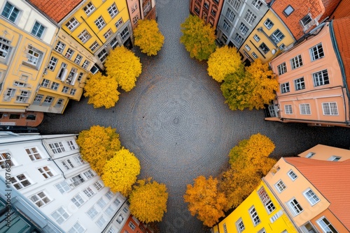 Aerial perspective of a historic city with cobblestone streets and ancient architecture mingled with modern structures photo