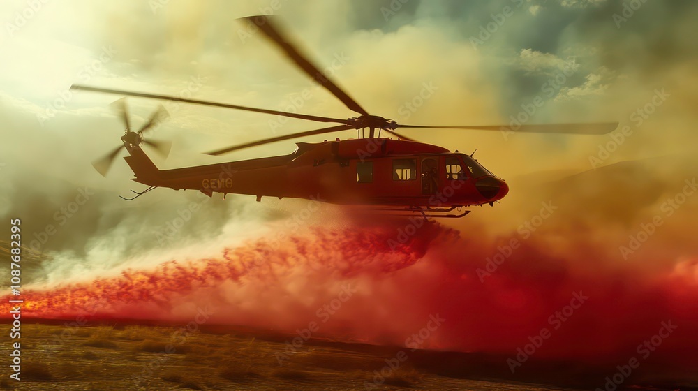 Fototapeta premium Civil helicopters, firefighting missions, battling wildfires drop water or fire retardant on hard-to-reach areas