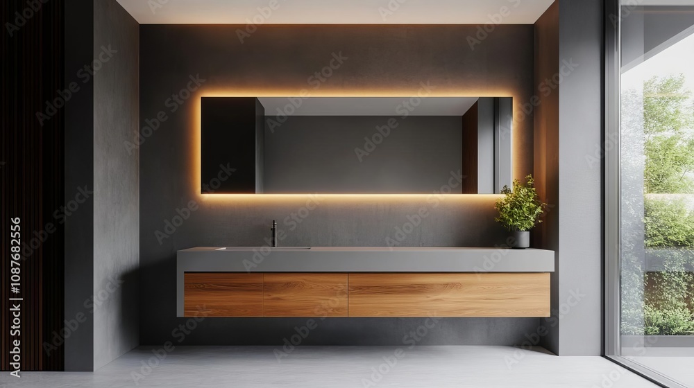 Large vanity area with LED lighting, floating design, minimalist and elegant