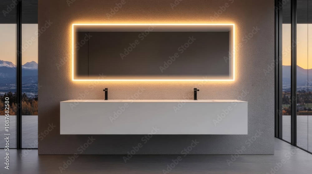 Large vanity area with LED lighting, floating design, minimalist and elegant Large vanity area with LED lighting, floating design, minimalist and elegant