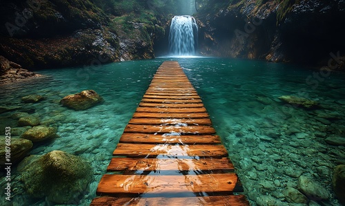 L'Agnone river cascades under a wooden bridge as it passes through the autumnal foliage of the forest of Vizzavona in Corsica
