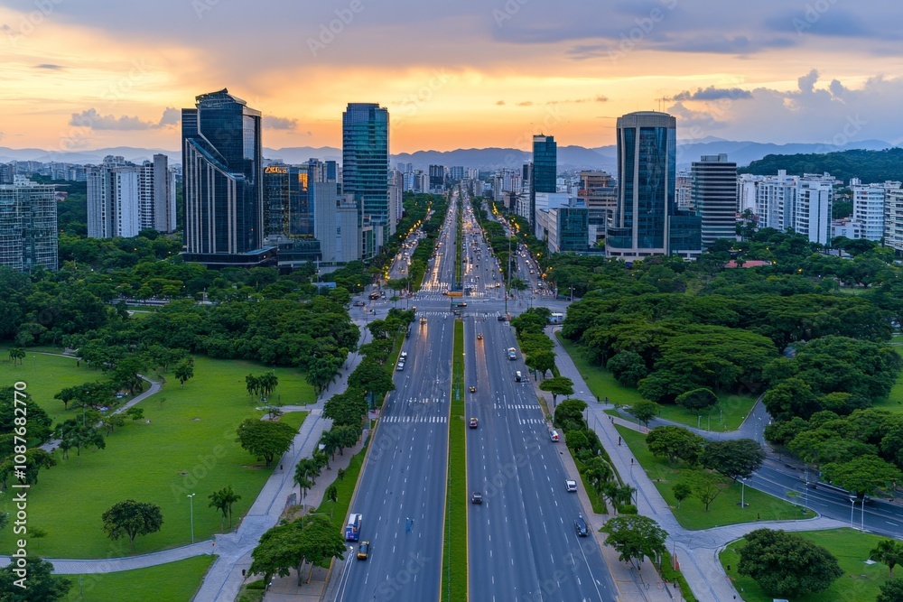 Aerial view of a modern metropolitan area with sleek office buildings and expansive plazas Aerial view of a modern metropolitan area with sleek office buildings and expansive plazas
