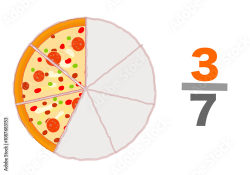 Fraction pizzas examples. sevenths three,  divide. slices whole halve 3, 7 cheap. Pie, chart ratio infographic. Triplet eaten pizza slices, half remaining. Maths worksheet. Vector illustration	