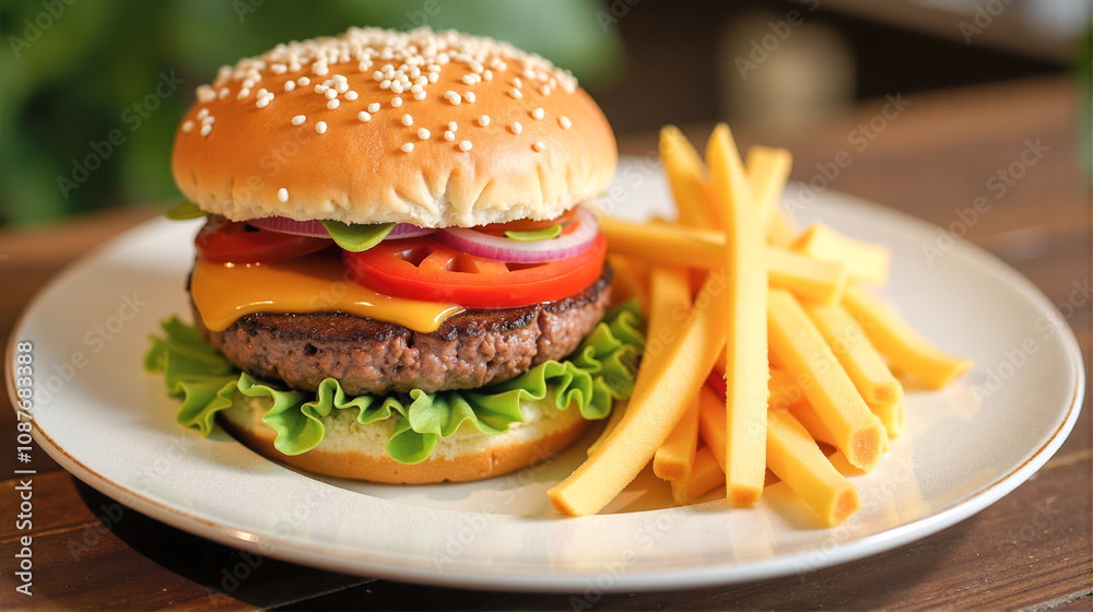 Delicious cheeseburger with fresh toppings served alongside crispy fries on a wooden table in a vibrant restaurant setting Delicious cheeseburger with fresh toppings served alongside crispy fries on a wooden table in a vibrant restaurant setting