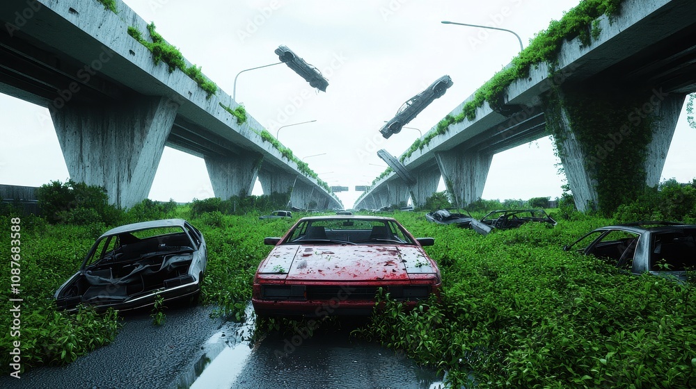 Fototapeta premium Abandoned vehicles surrounded by nature urban landscape digital art overgrown environment dystopian viewpoint environmental concept