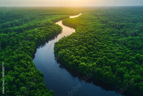 Aerial drone view of river landscape in sunny summer sunset. Top view of siberian Ob river from high attitude in summer sunset. Panorama, bird's eye view 