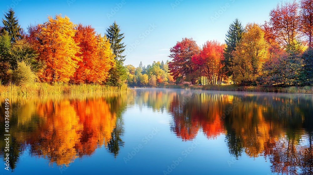 Enchanting autumn reflections in a calm lake. Trees displaying their fall colors mirrored in the water, creating a picturesque scene. Ideal for peaceful escapes. Enchanting autumn reflections in a calm lake. Trees displaying their fall colors mirrored in the water, creating a picturesque scene. Ideal for peaceful escapes.