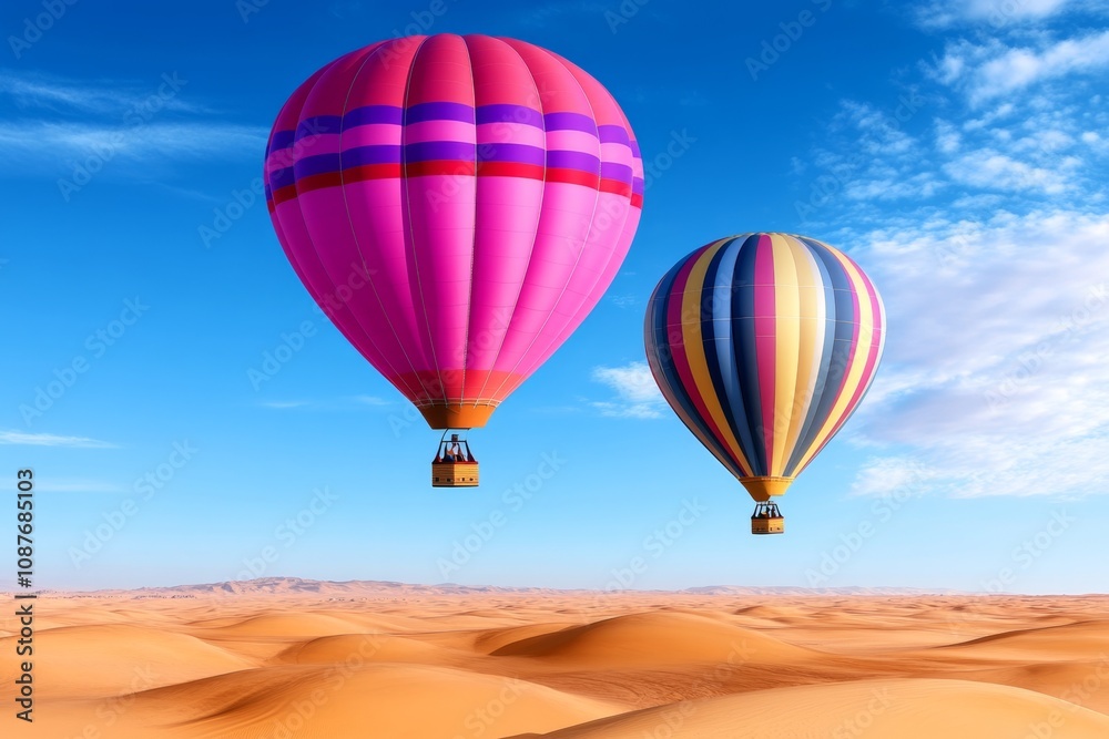 Fototapeta premium Hot air balloons floating over a vast desert at sunrise, symbolizing exploration and discovery