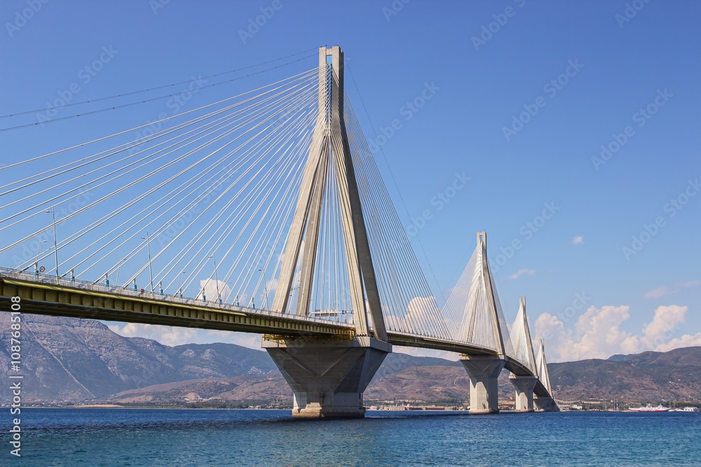 The Rion-Antirion Bridge, an impressive cable-stayed structure in Greece, spans across the Gulf of Corinth. The Rion-Antirion Bridge, an impressive cable-stayed structure in Greece, spans across the Gulf of Corinth.