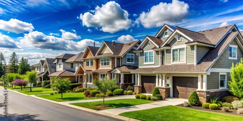 Suburban Dream Homes Row of Houses Under Blue Sky, Landscape Photography, Real Estate, Architecture Real Estate, Dream Home