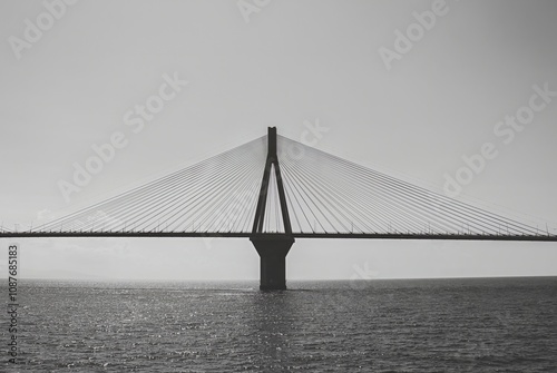 Black and white image of a suspension bridge over calm waters, showcasing its sleek architectural lines against a minimalistic sky. photo