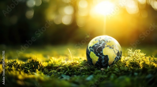 A small globe sits on a bed of green moss with the sun shining brightly in the background.