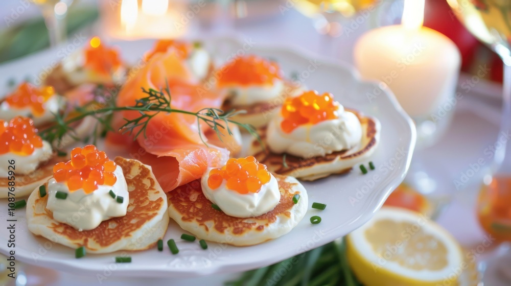A delightful platter of Russian blini topped with sour cream, smoked salmon A delightful platter of Russian blini topped with sour cream, smoked salmon