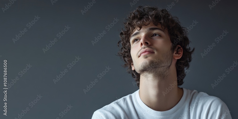 Obraz premium Portrait of an optimistic brunet guy with curly hair, wearing a white t shirt, gazing into empty space against a grey background, capturing a moment of thoughtful reflection.