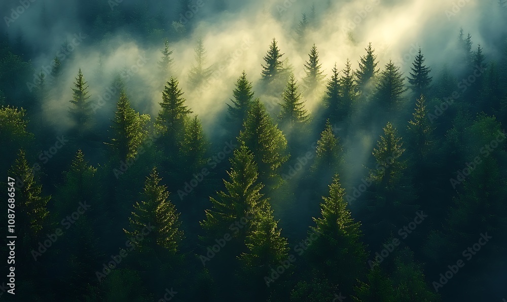 Sunrays. Dense pine forest in morning mist. Fog above pine forests.
Sunrays. Dense pine forest in morning mist. Fog above pine forests.