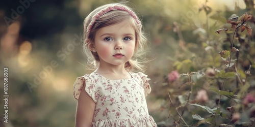 Adorable little girl in charming retro attire. This cute female child showcases a lovely vintage dress, highlighting her delightful style in a nostalgic fashion. Perfect for retro themed collections. photo