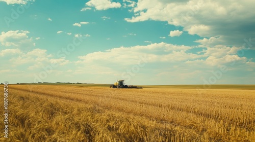 Robotic machines systematically plant and harvest crops across a wide expanse of farmland during sunny weather. Generative AI