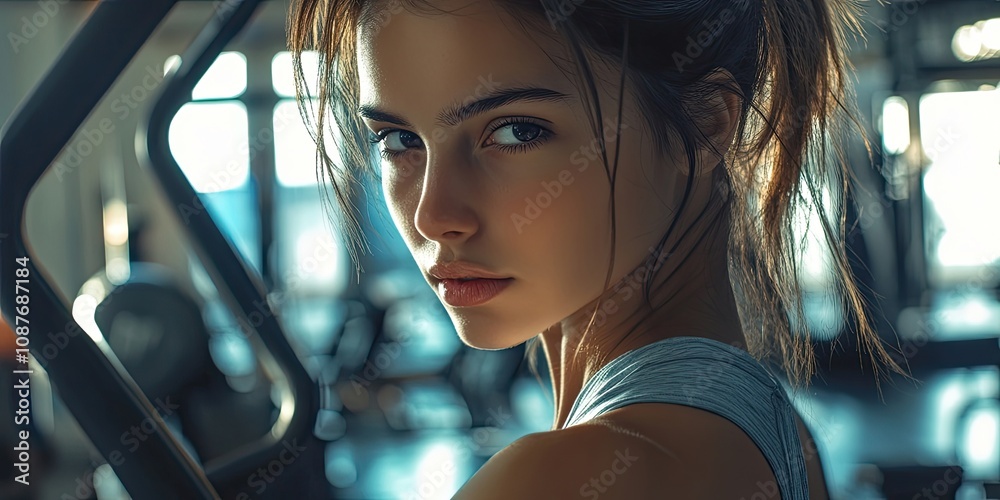 Young fitness girl working out in the gym among multiple simulators, embodying a healthy lifestyle and focusing on fitness. This fitness girl exemplifies commitment to a healthy lifestyle.