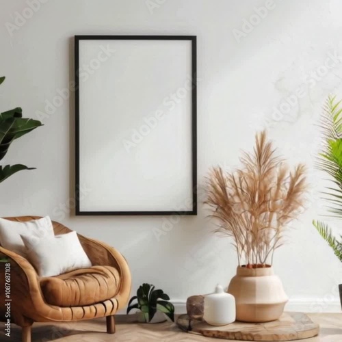 modern living room with blank canvas or poster on wall