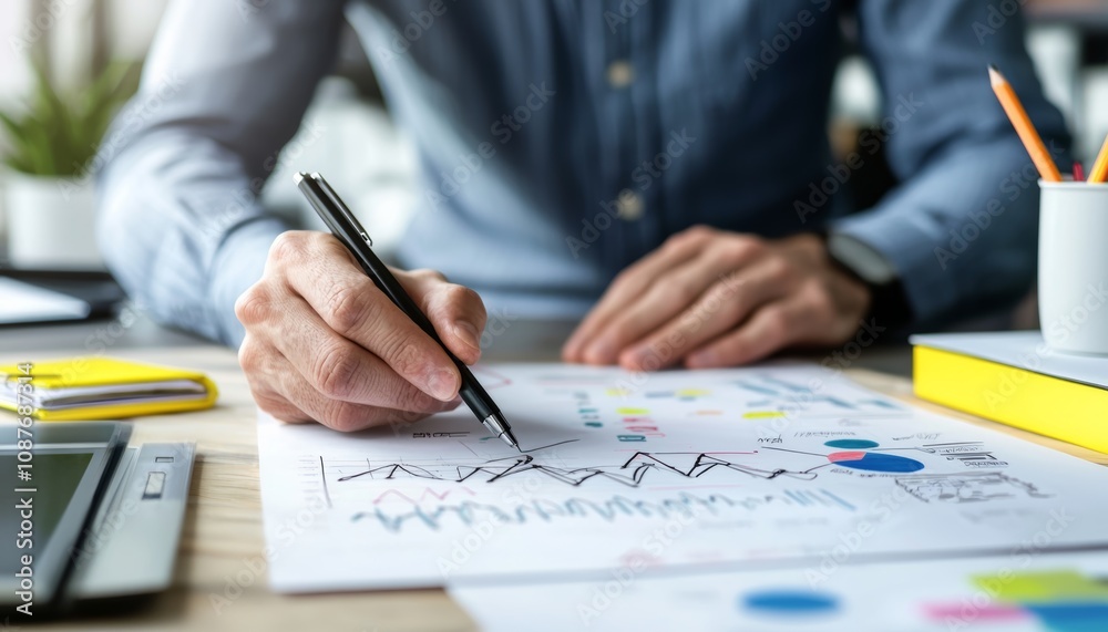 A person analyzing graphs and charts on paper while writing notes, surrounded by office supplies like sticky notes and a pen. A person analyzing graphs and charts on paper while writing notes, surrounded by office supplies like sticky notes and a pen.