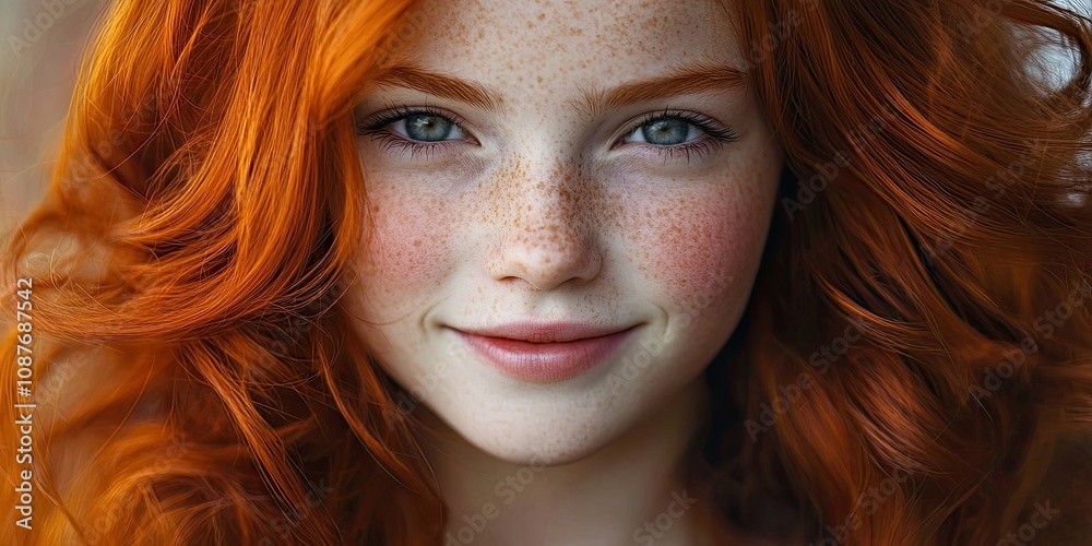 Obraz premium Portrait of an adorable redhead girl with striking features, showcasing her lovely red hair and captivating smile in a charming and playful manner, perfect for highlighting youthful beauty.