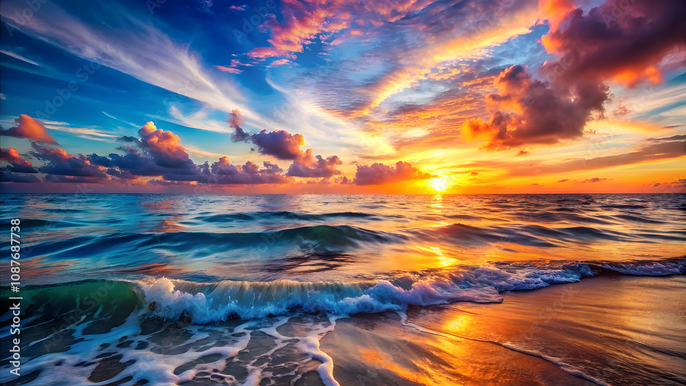 Fototapeta premium Ocean Sunset with Gentle Waves. Perfect for: Sunset celebrations, Emotional healing sessions, Ocean retreats