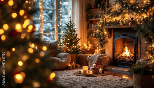 A cozy home corner decorated for the new year with twinkling lights, flowers, and a fireplace.

 photo