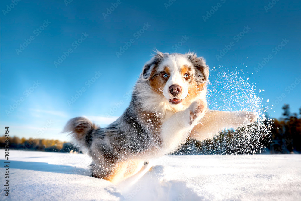 Obraz premium Australian Shepherd spielt im Schnee