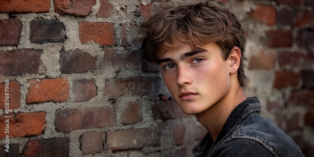Outdoor portrait of a young man against an aged brick wall, capturing the essence of the moment in a vibrant afternoon light, reflecting the personality of the young man beautifully. Outdoor portrait of a young man against an aged brick wall, capturing the essence of the moment in a vibrant afternoon light, reflecting the personality of the young man beautifully.