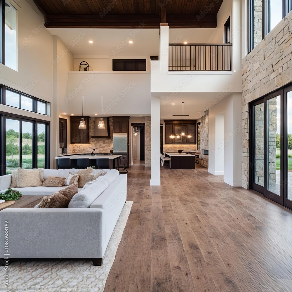 Wide open floor plan, stone accents, natural light, calming luxury Wide open floor plan, stone accents, natural light, calming luxury