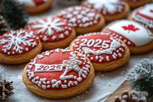 Christmas cookies decorated with the Canadian flag pattern and "2025" in icing