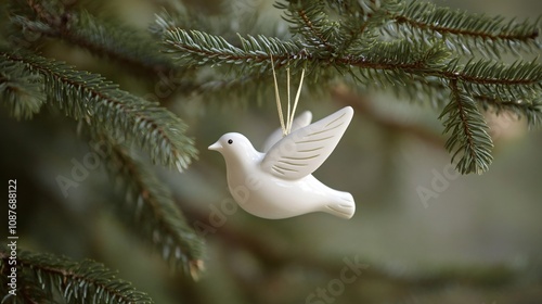 A Christmas tree branch with a hanging white ceramic dove ornament, surrounded by soft pine needles