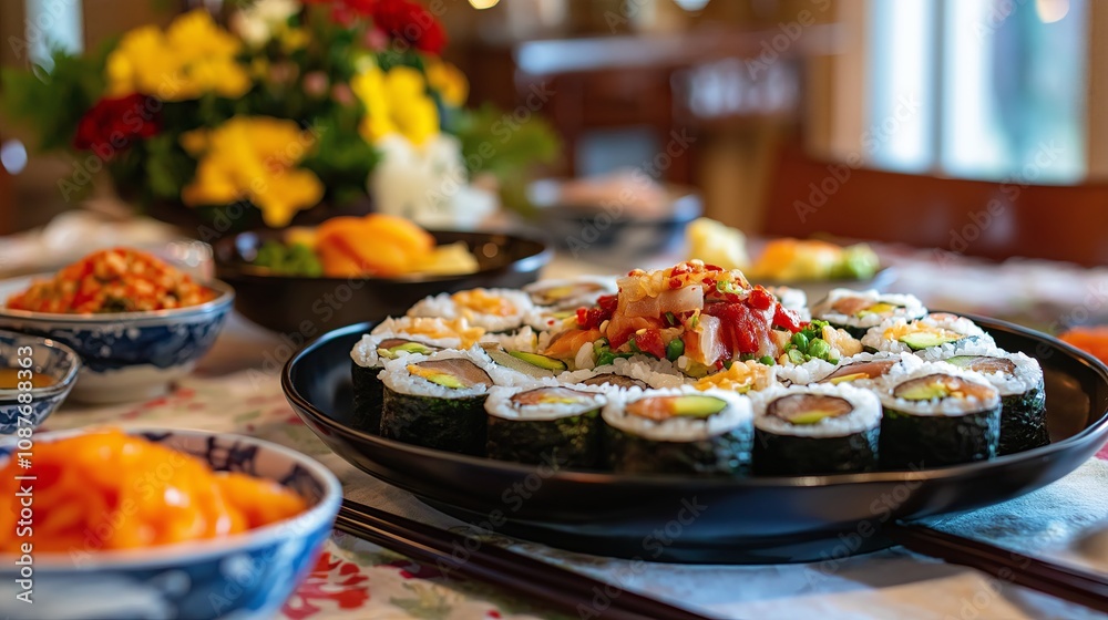 A table set with vegan sushi rolls and side dishes in earthy ceramic bowls A table set with vegan sushi rolls and side dishes in earthy ceramic bowls