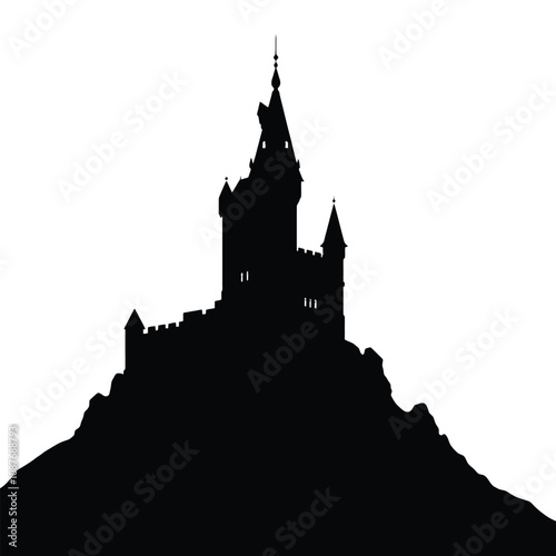 a black and white silhouette of a castle on top of a mountain.